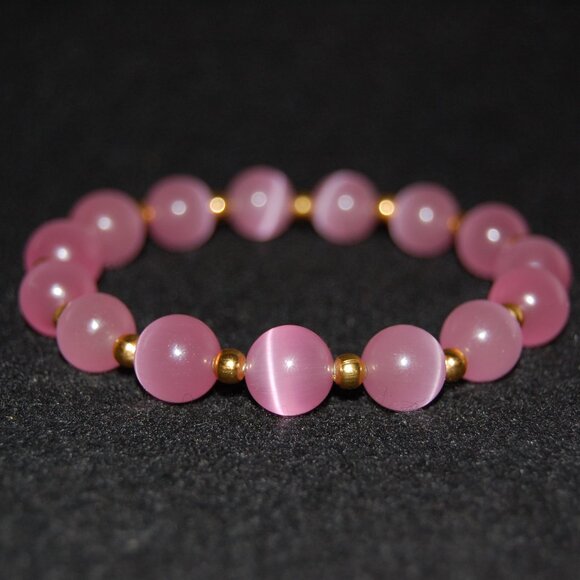 Pink Cat Eye Bracelet,Pink Bracelet,10mm Pink Cat Beaded Bracelet,Special,Lovely - Picture 3 of 4